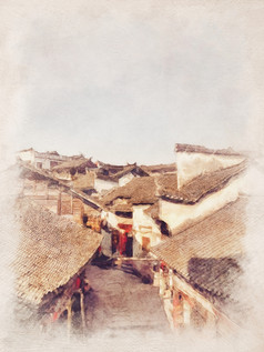 水彩景观凤凰古老的小镇一天湖南省中国