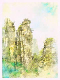 水彩景观自然石英砂岩柱子的天子山化身山的张家界国家森林公园湖南省中国