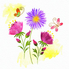 春天色彩斑斓的花和蝴蝶背景