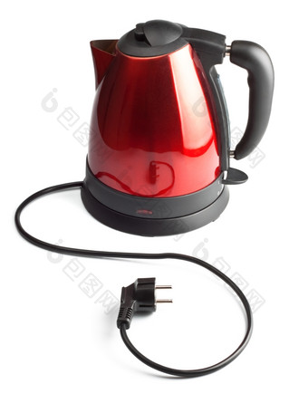 红色的而且黑色的电茶水壶孤立的白色