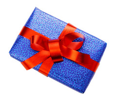 蓝色的礼物盒子与红色的弓孤立的白色