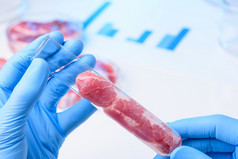 生红色的肉样本实验室玻璃测试管科学家手