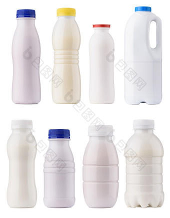 乳制品产品包装集牛奶瓶空白模型设计集合清洁关闭<strong>酸奶</strong>瓶孤立的白色<strong>背景</strong>