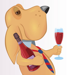 卡通字符狗持有瓶而且玻璃酒向量插图