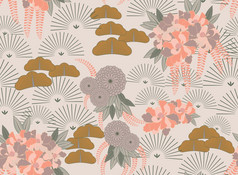 Aster粉红色的花日本gardenhand画花无缝的backgroundbotanical重新绘制设计为织物textileseamless模式与花酒复古的颜色