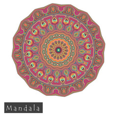 使薄行详细的曼荼罗花对称的几何象征向量花曼荼罗图标孤立的白色东方轮彩色的模式