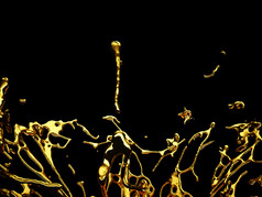 液体黄金石油飞溅和溅孤立的黑色的渲染插图