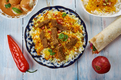 阿富汗的pulao阿富汗的uisine中央亚洲传统的各种各样的菜前视图