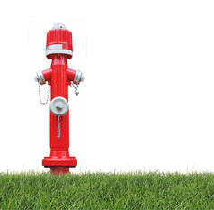 红色的火消火栓的草孤立的白色背景