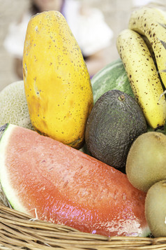 不同的热带水果细节托盘与不同的新鲜的水果健康的生活方式食物甜蜜的