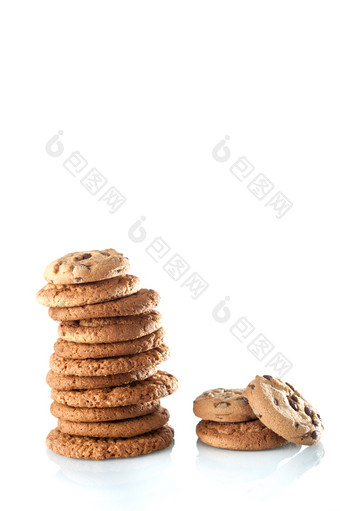 自制的绳全麦饼干与燕麦片亚麻和芝麻种子和传统的饼干与巧克力芯片白色背景健康的素食主义者食物概念各种各样的酥饼燕麦饼干巧克力芯片饼干孤立的白色背景