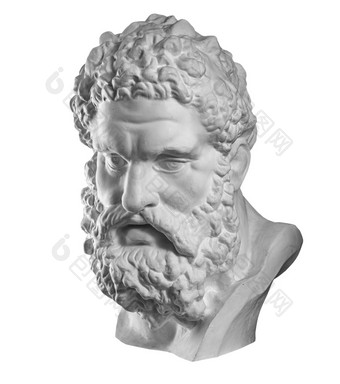 白色石膏复制古老的雕像赫拉克勒斯头为艺术家孤立的白色背景石膏雕塑男人。脸儿子宙斯的古老的希腊神古老的雕像英雄石膏复制古老的雕像赫拉克勒斯头孤立的白色背景石膏雕塑男人。脸