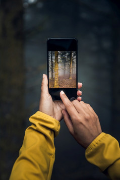 女旅行者采取图片森林与她的手机