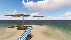 椅子下伞的海滩阳光明媚的一天和棕榈树渲染