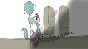 插图可爱的卡通龙穿聚会，派对他和持有气球