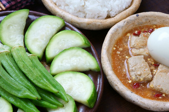 餐为素食者与菜单瓶葫芦秋葵蛋煮熟的大米大豆奶酪这越南食物非常美味的营养cholestorol免费的与有机便宜的成分而且为饮食人
