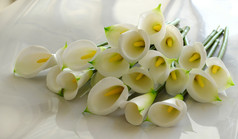 群阿鲁姆莉莉白色背景白色花从粘土与黄色的雄蕊手工制作的艺术作品从粘土艺术