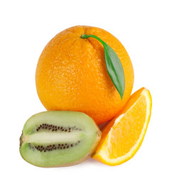 橙色柠檬而且猕猴桃片孤立的白色背景