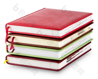 堆栈色彩斑斓的日记与书签孤立的白色背景堆栈色彩斑斓的日记与书签