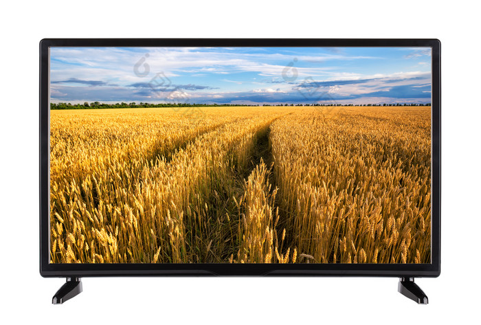 现代高清电视与路成熟的小麦耳朵的屏幕孤立的白色高清电视与路小麦耳朵屏幕