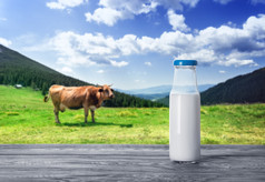 瓶牛奶与牛山牧场的概念自然产品和健康的食物瓶牛奶与牛山牧场