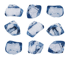 大各种冰多维数据集与滴孤立的白色背景集爽肤水蓝色的大各种冰多维数据集与滴