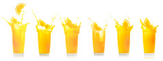 玻璃橙色汁与飞溅从下降橙色片孤立的白色背景集集合玻璃橙色汁与飞溅从下降橙色片