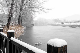 下雪后的湖边风景