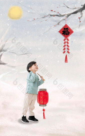 小男孩手提红灯笼庆祝新年