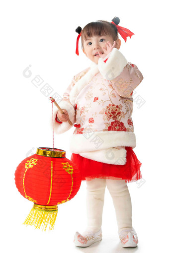 可爱的小女孩拿着红灯笼