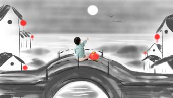 小男孩坐在桥上看月亮