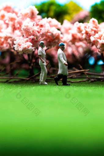 樱花树旁草地上行走的医护人员