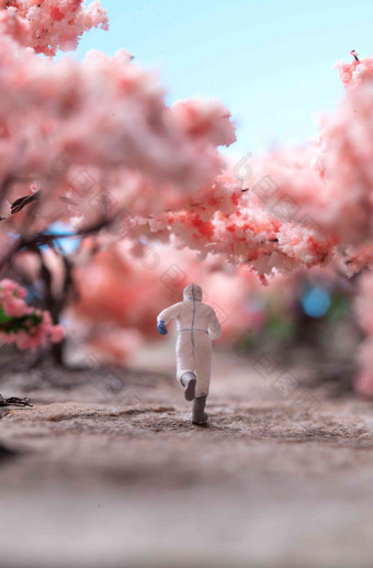 樱花树下的医护人员奔跑的背影