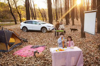 秋天幸福家庭在户外露营野餐