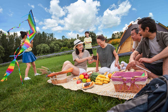 快乐的一家人在郊外野餐