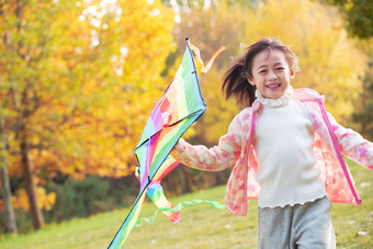 快乐的小女孩在公园里<strong>放风筝</strong>