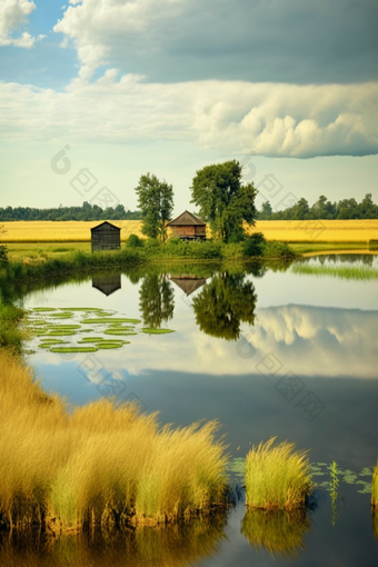 池塘农田收获季节景物摄影图简洁