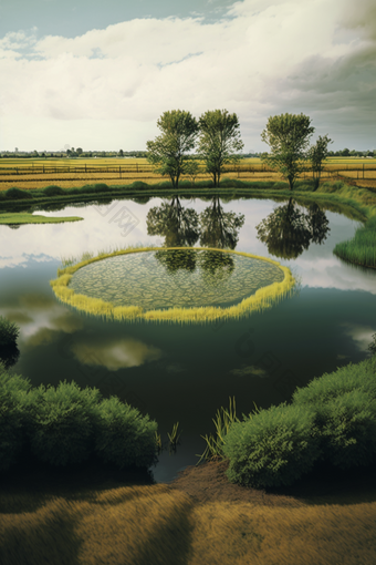池塘农田收获季节简洁景物摄影图