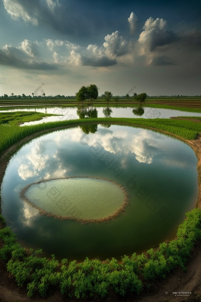 池塘自然农田收获季节景物摄影图