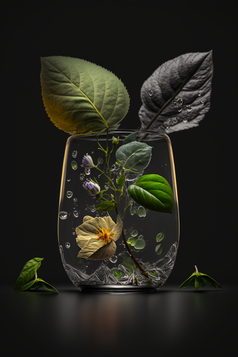背景中花瓶里面有叶子黄色花的花摄影图