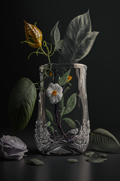 深色背景花瓶里面白色花有叶子的花摄影图