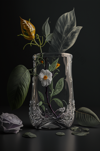 深色背景花瓶里面<strong>白色花</strong>有叶子的花摄影图