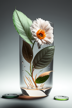 白色花背景中花瓶里面有叶子的花摄影图