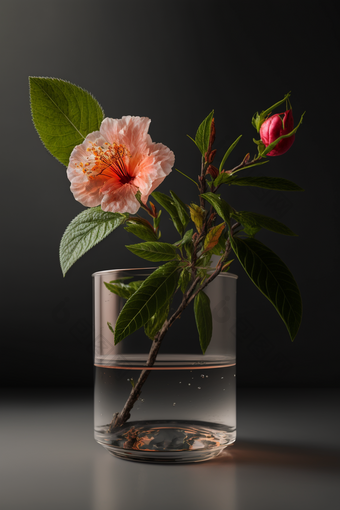 深色背景花瓶里面栀子花有叶子的花摄影图
