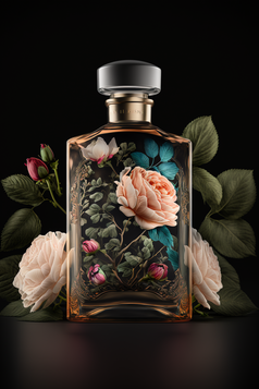 香水 玫瑰 花 叶子 深色背景 摄影 商业摄影 摄影图 数字艺术11