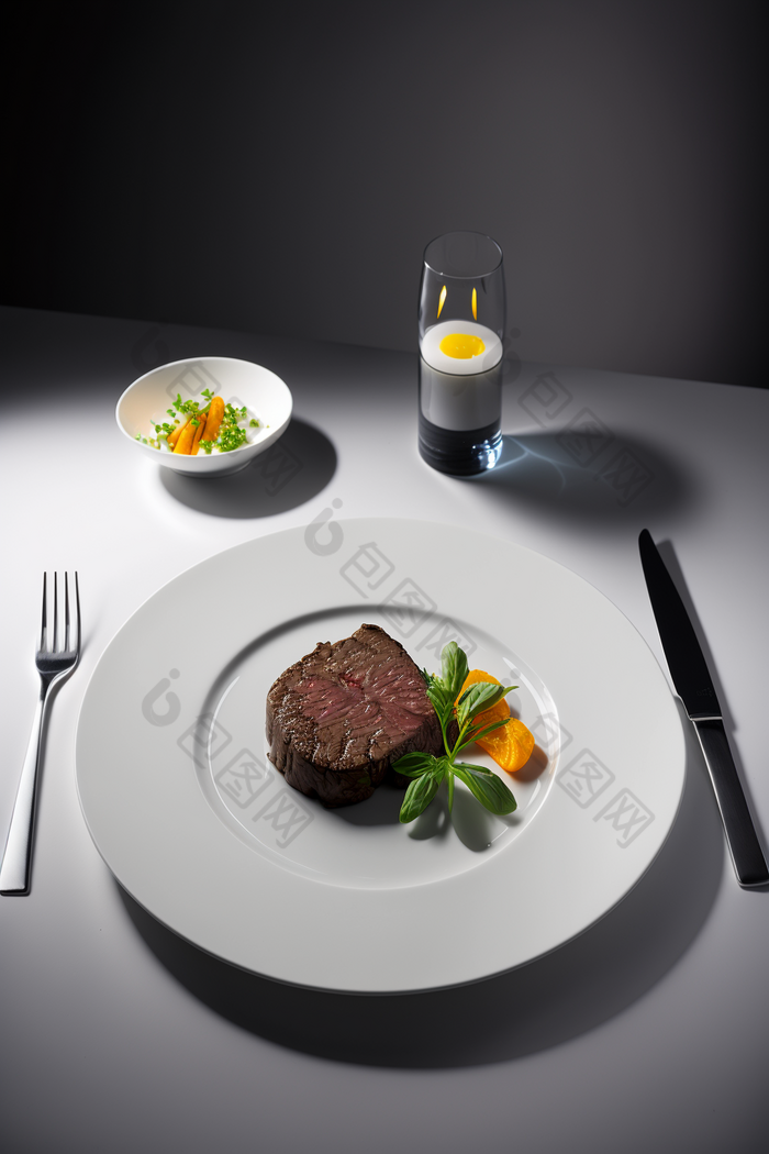 白色餐盘上的美食牛排餐厅晚餐