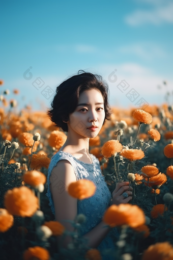 花海中的漂亮女人中国肖像