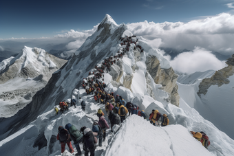 人们穿过珠穆朗玛峰路过雪山