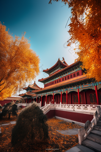 秋季中国古代建筑城楼秋天风光