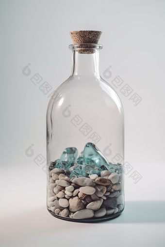 装满水和<strong>石头</strong>的玻璃瓶瓶子白色
